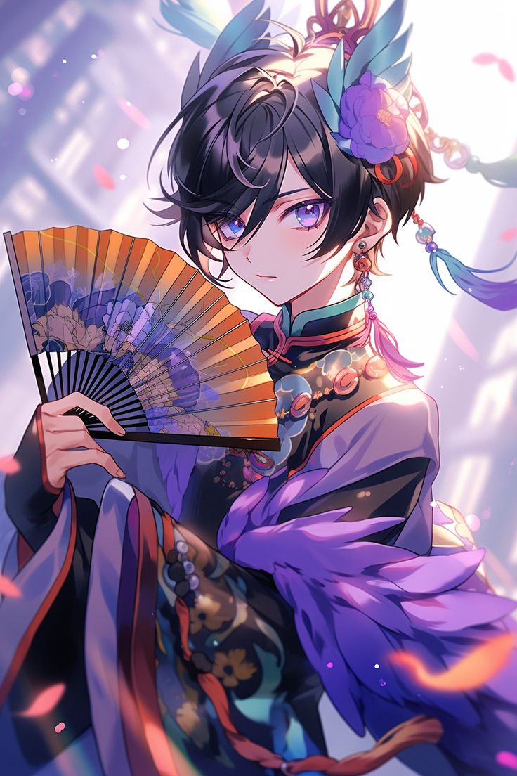 an anime character holding a fan in her hand