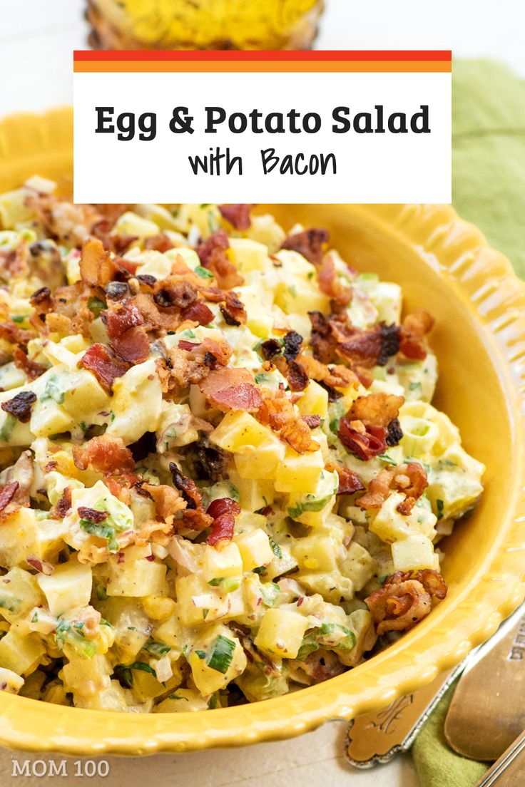 egg and potato salad with bacon in a yellow bowl