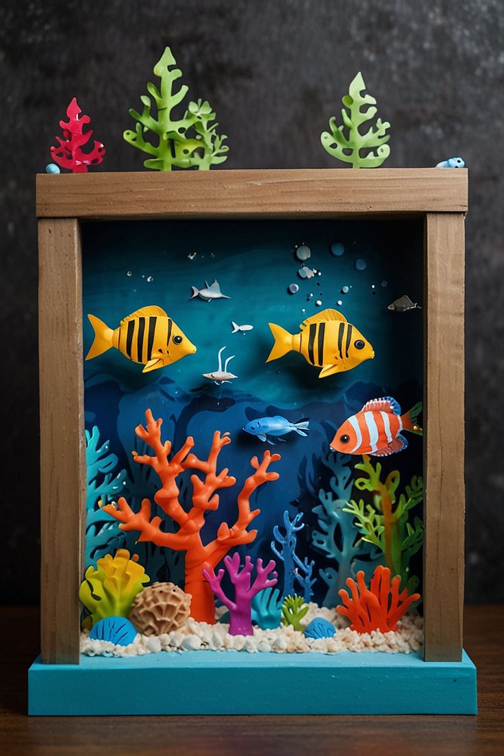 an ocean scene with fish and corals in a wooden frame on top of a table