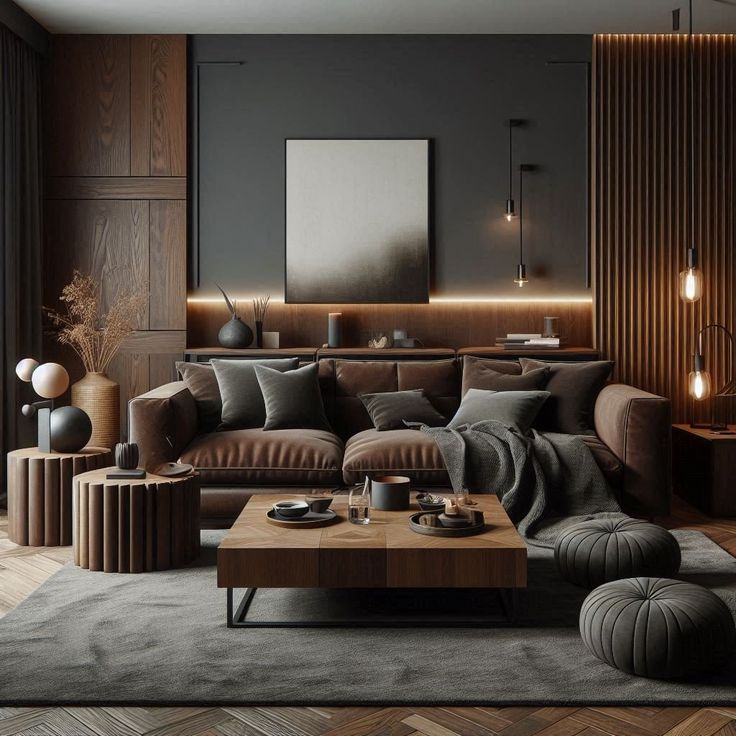 a living room with couches, tables and lamps on the wall in front of it