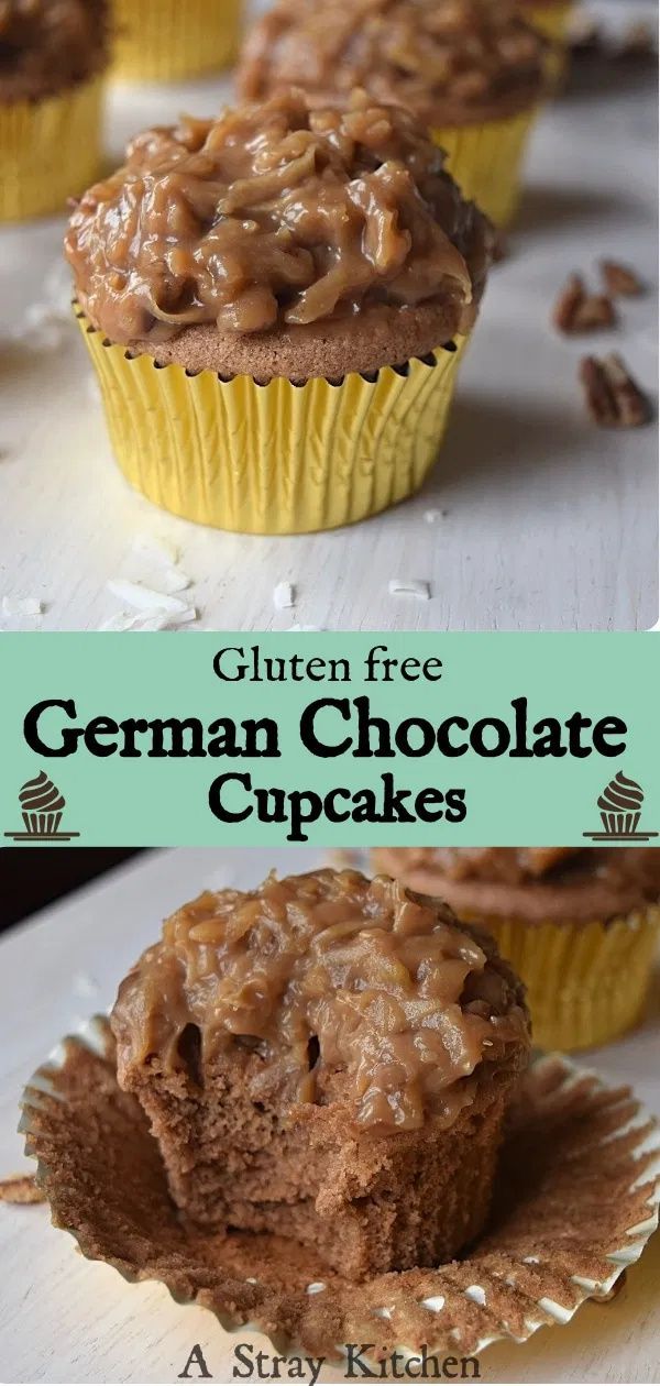 gluten free german chocolate cupcakes with nuts on top and in the middle