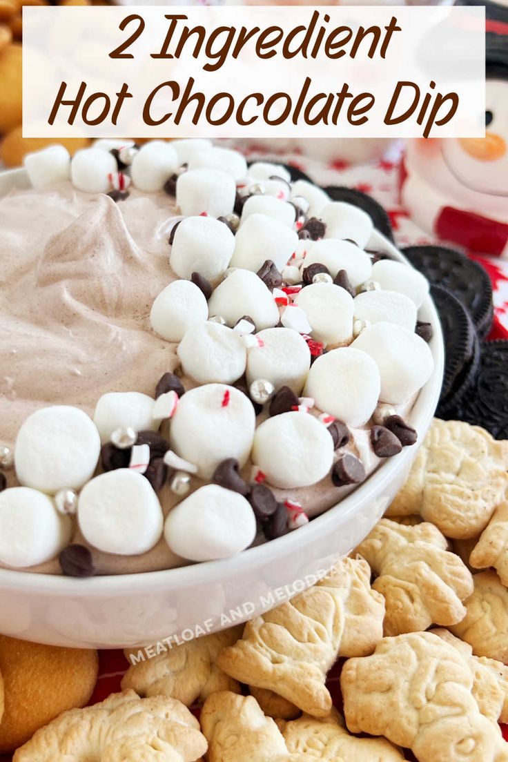 two ingredient hot chocolate dip with marshmallows and pepperminks on top