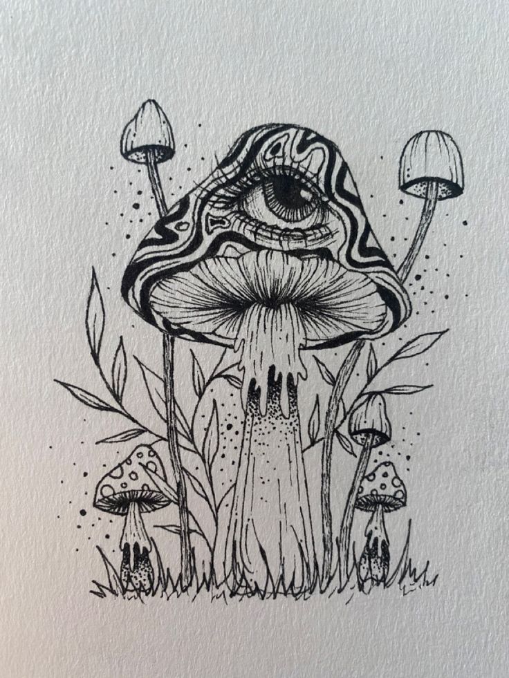 an ink drawing of a mushroom with eyes on it