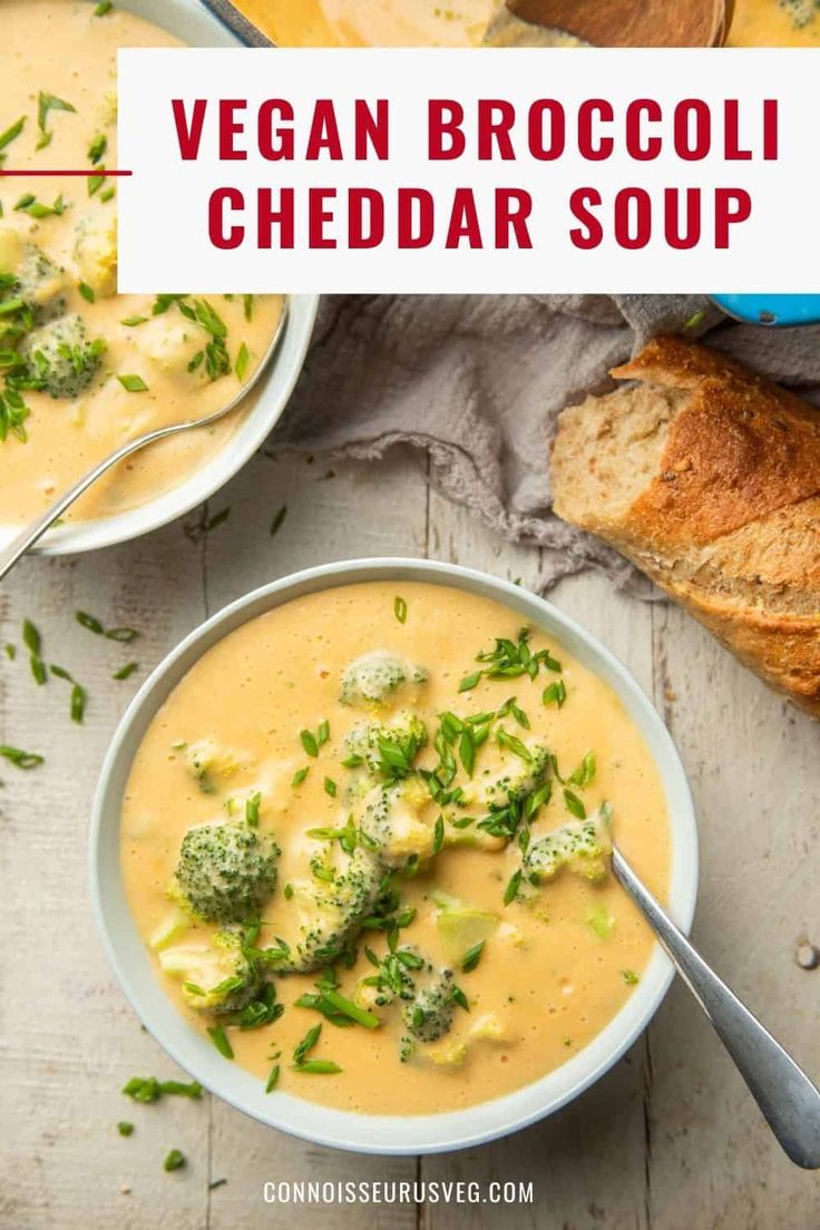 two bowls of vegan broccoli cheddar soup with bread on the side