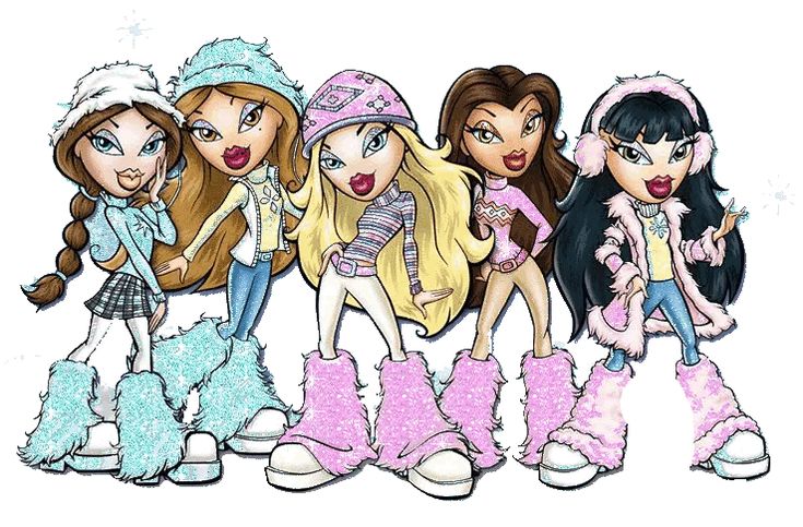 several cartoon girls in winter clothes standing together