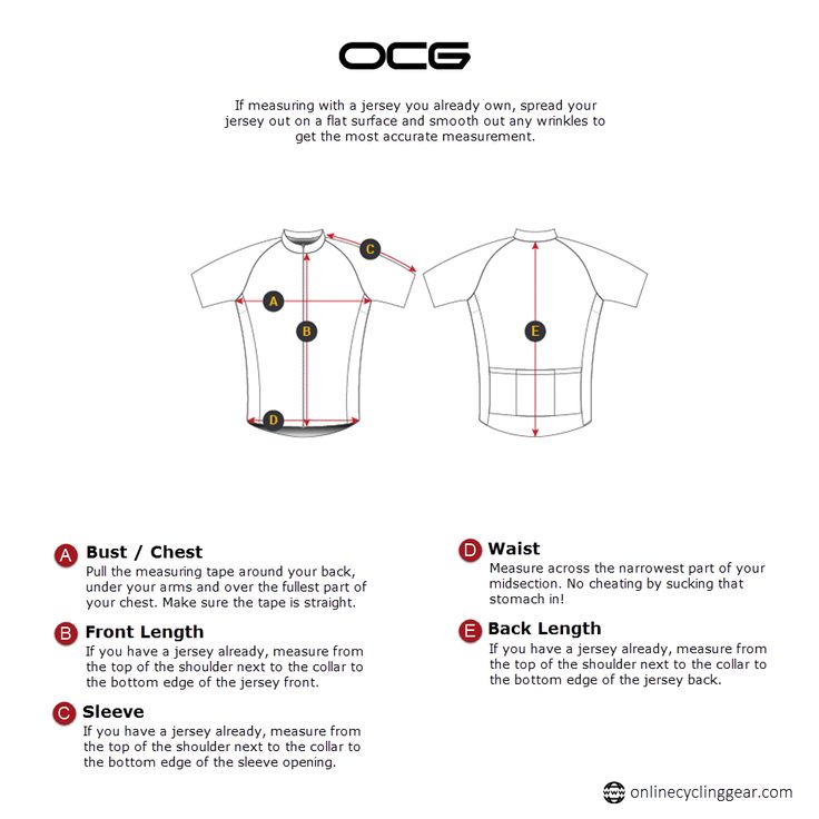 the front and back views of a cycling jersey, with measurements for each individual item