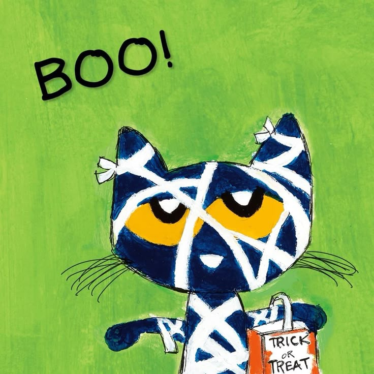 a painting of a cat holding a trick or treat bag with the words boo on it