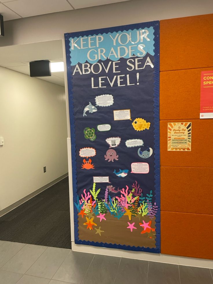 a bulletin board with an ocean theme on the front and back door to help students learn how to read