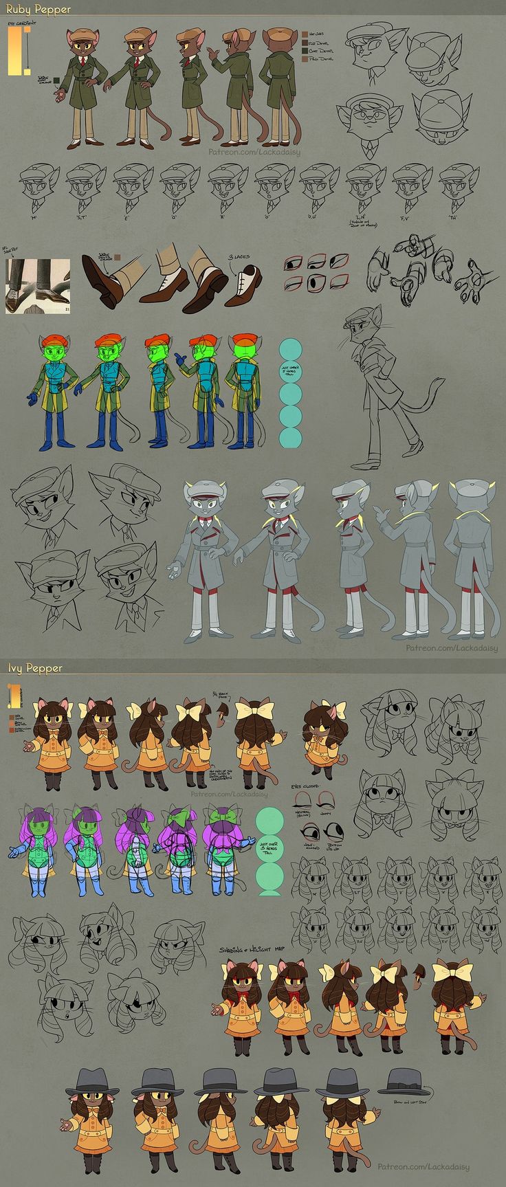 an info sheet shows how to draw cartoon characters in different poses and sizes, including the head