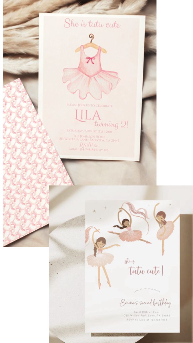 three different types of birthday cards with ballerinas in pink and white on them