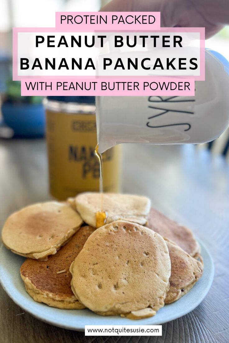 pancakes with peanut butter being drizzled over them on a white plate and the words, protein packed peanut butter banana pancakes with peanut butter powder