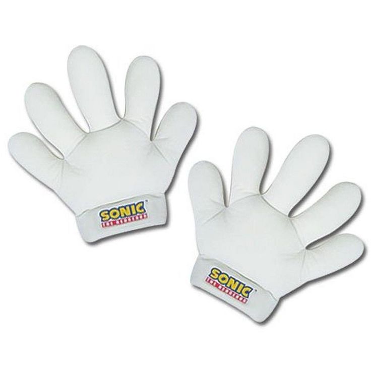 pair of white gloves with the words sonic on each glove and one hand in front