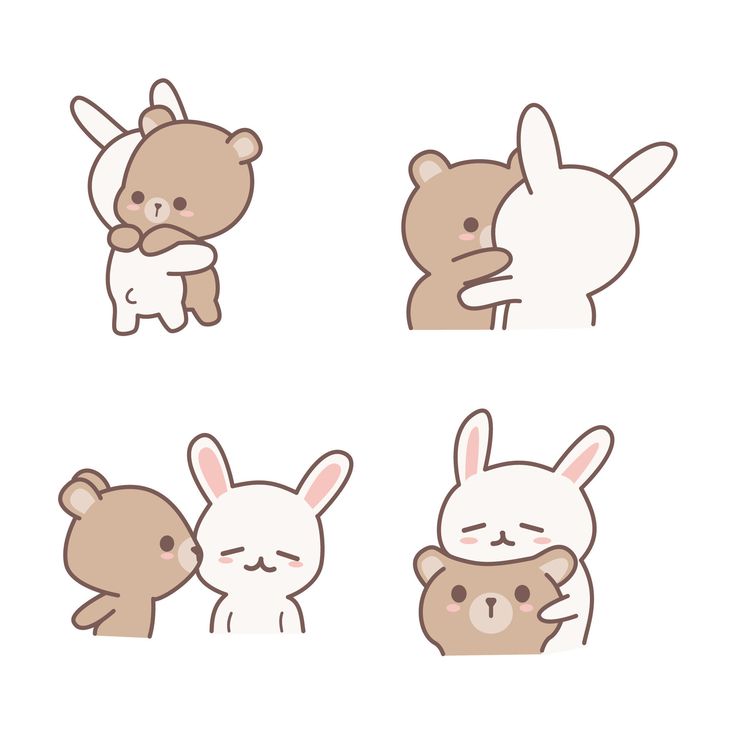 some cute little animals with different expressions on their faces and body, one is hugging the other