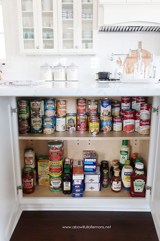 an open cabinet with spices and condiments on the bottom shelf in a kitchen