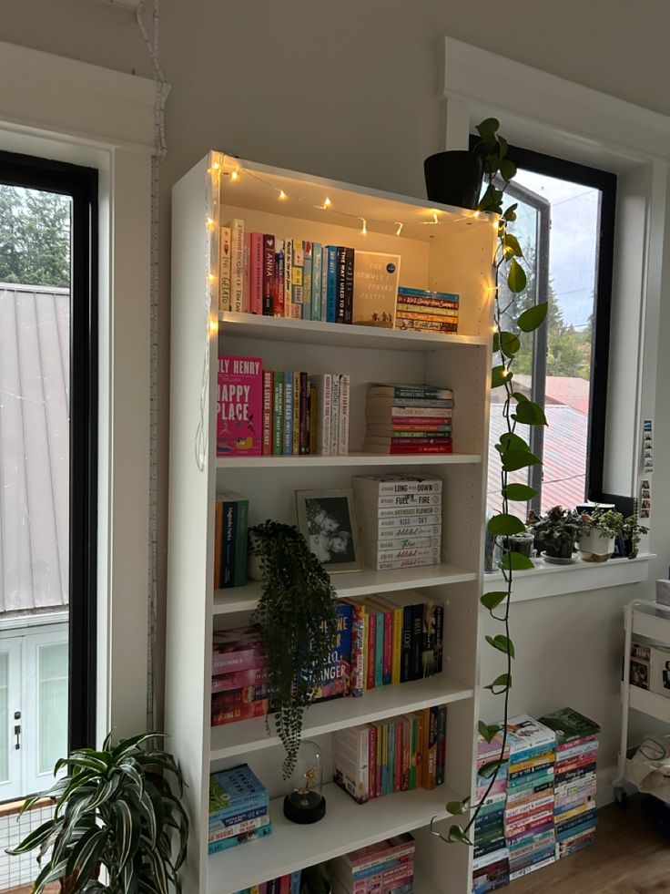 a bookshelf filled with lots of books in front of a window next to a potted plant