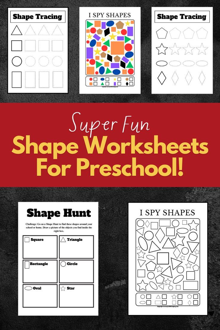 Pin text reads, super fun shape worksheets for preschool! Images are 5 of them.