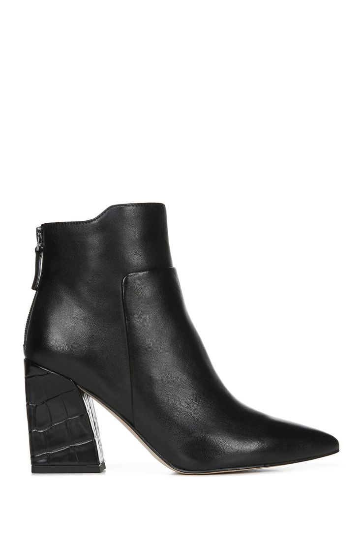 A streamlined leather bootie with a top wavy trim.Sizing: True to size. Pointed toe. Leather construction. Wavy topline. Back zip closure. Croc embossed block heel. Approx. 3" heel height. Imported Leather Heels With Zipper Closure For Fall, Leather Heeled Boots With Zipper Closure, High Ankle Leather Heels With Zipper Closure, Fall Essentials, Franco Sarto, Nordstrom Store, Leather Booties, Bootie, Nordstrom Rack