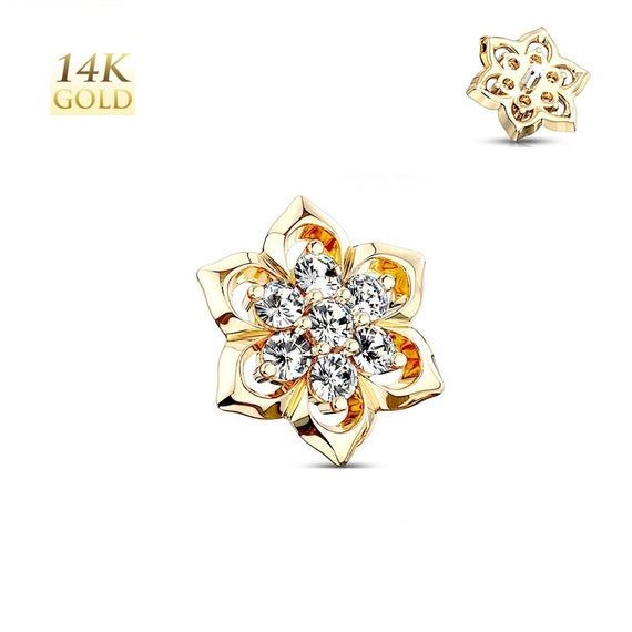 14 Karat Gold Flower Gem Stud Dermal Anchor TopInternally ThreadedMaterial:14 Karat Gold, Cubic ZirconiaThickness: 14 Gauge (1.6mm)Flower Size: 6mmColor:14K Yellow Gold14K White Gold*For more than 1 item purchase, please add all items in cart before checkout for a single flat rate shipping fee. Gold Flower Shaped Jewelry With Diamond Accents, Gold Flower-shaped Jewelry With Diamond Accents, Gold Flower Ring With Diamond Accents, Gold Diamond Jewelry With Flower Shape, Gold Diamond Flower Shaped Jewelry, Cubic Zirconia Yellow Gold Flower Ring, Yellow Gold Cubic Zirconia Flower Ring, Gold Flower Pendant Jewelry With Prong Setting, 14k Gold Jewelry With Flower Shape And Prong Setting