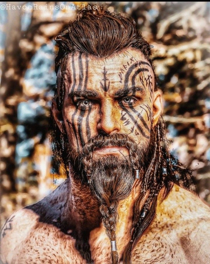 Mens Viking Halloween Makeup, Post Apocalyptic Makeup Male, Barbarian Face Paint, Viking Warrior Face Paint, Viking Warrior Makeup Men, Viking Man Makeup, Nordic Witch Costume, Viking Face Paint Men Warriors, Viking Face Paint Men