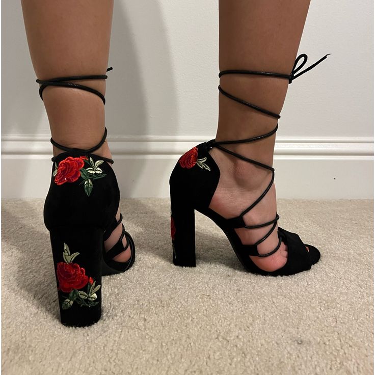 Nwot: Women’s Charlotte Russe Tie Up Rose Heels; Size 8; Never Been Worn Red Rose Heels, Spring Date Night Heels With Round Toe, Rose Heels, Goth Shoes, Tie Up Heels, Red Rose, Charlotte Russe, Red Roses, Black Red