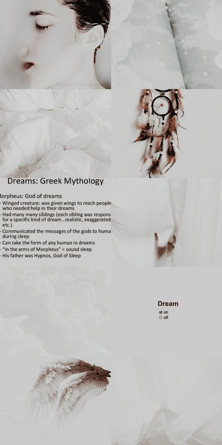 an image of a woman with her eyes closed and the words dreams greek mythology written below