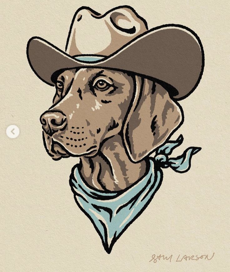 a drawing of a dog wearing a cowboy hat with a bandanna around its neck