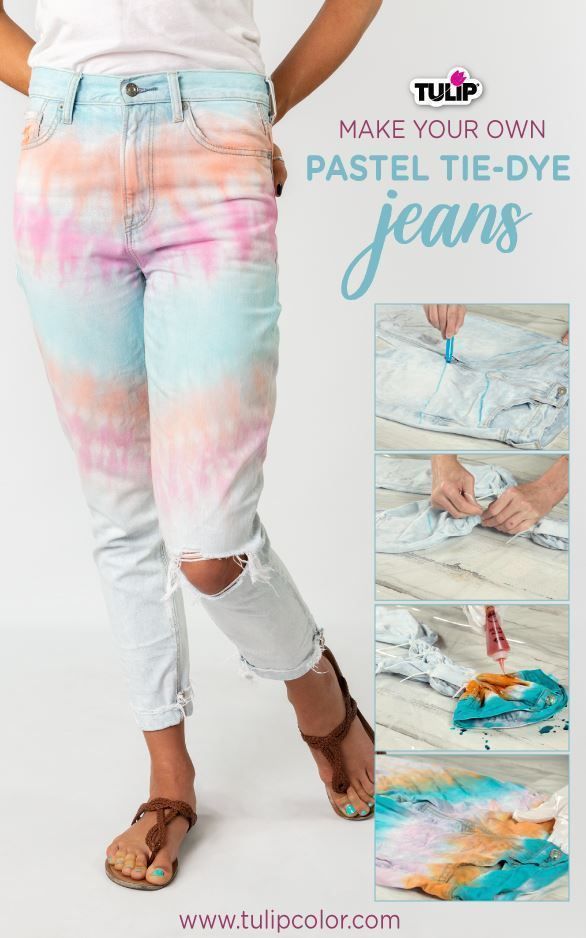 a woman in white shirt and jeans with colorful tie dye on her pants, showing how to make your own pastel tie - dye jeans