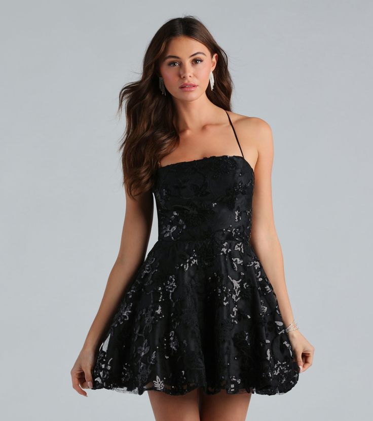 Perfect for High School & College Homecoming 2023, Hoco, Dances, Formals, and Parties. Special Occasion Like a picturesque night sky, you'll dazzle in the Joanna sequin party dress at school dances, wedding receptions, or dressy parties! She features a sleeveless square neckline with adjustable spaghetti straps that shape the lace-up back, a high waist seam, and a flirty skater silhouette and short hem. The formal dress is composed of sequin embellished lace-like mesh fabric with multiple layers Damas Dresses, Dress Satin Bridesmaid, Party Dress Black, Lace Party Dress, Black Tie Wedding Guests, Prom Shopping, Bachelorette Outfits, Sequin Party, Red Bridesmaid Dresses