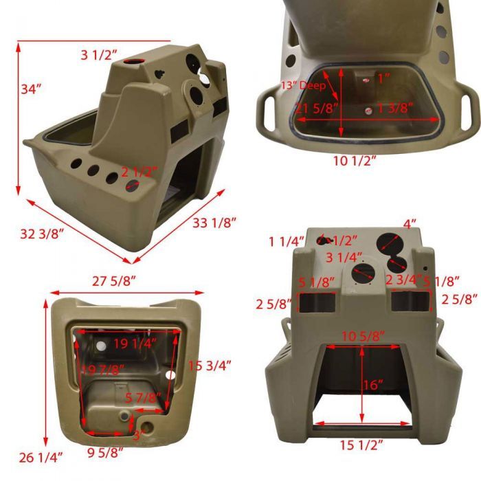 four different parts of a vehicle with measurements