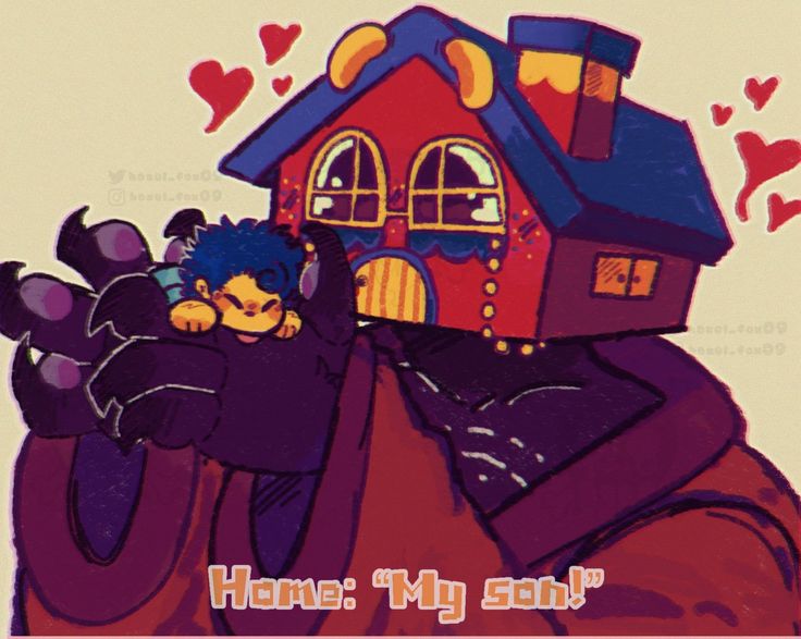 a drawing of a person hugging a dog in front of a house with hearts on it