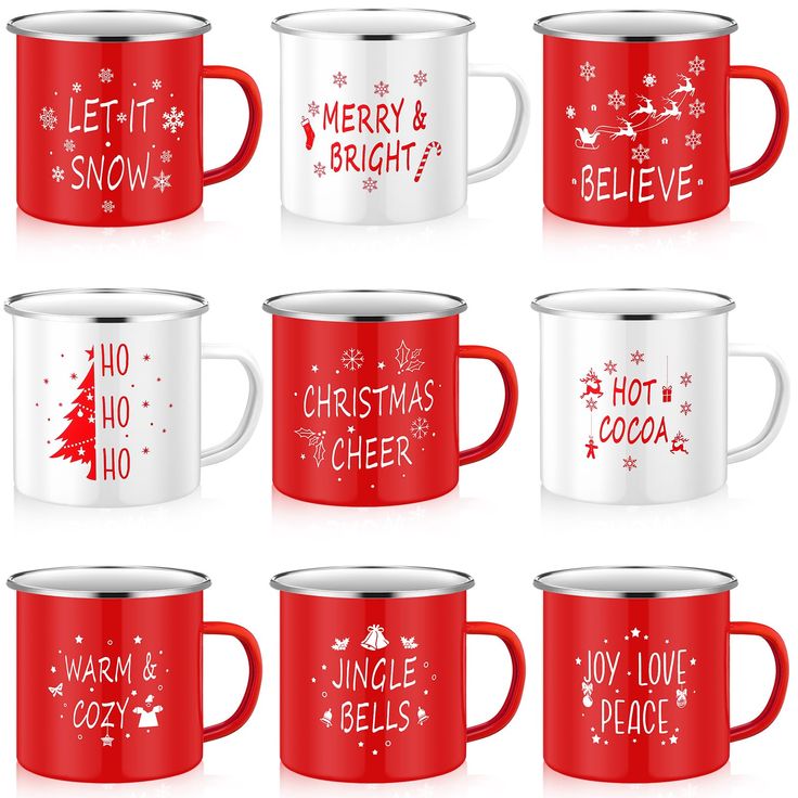 six red and white christmas mugs with merry lettering on them, all in different styles