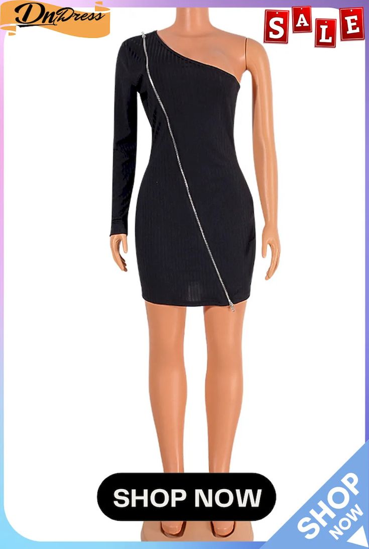 Black Sexy Solid Split Joint Zipper Oblique Collar Dresses Black Stretch Bodycon Dress With Side Zipper, Club Bodycon Mini Dress With Side Zipper, Black Bodycon Dress With Side Zipper For Night Out, Mini Length Bodycon Dress With Side Zipper For Club, Stretch Mini Dress With Side Zipper For Club, Black Stretch Mini Dress With Side Zipper, Black Bodycon Dress With Side Zipper For Spring, Spring Black Bodycon Dress With Side Zipper, Bodycon Mini Dress With Zipper Closure For Night Out