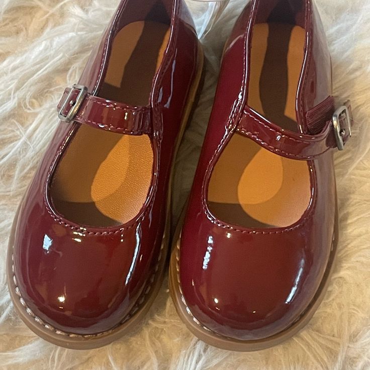 Brand New Beautiful Burgundy Toddler Girl Patent Leather Mary Jane Shoes With Velcro Strap. Red Closed Toe Mary Janes With Buckle Closure, Red Leather Round Toe Mary Janes, Casual Red Leather Mary Janes, Red Leather Casual Mary Janes, Red Mary Janes With Buckle Closure, Red Mary Janes With Buckle Closure And Round Toe, Patent Leather Mary Jane Shoes, Navy Dress Shoes, Soft Ballet Flats