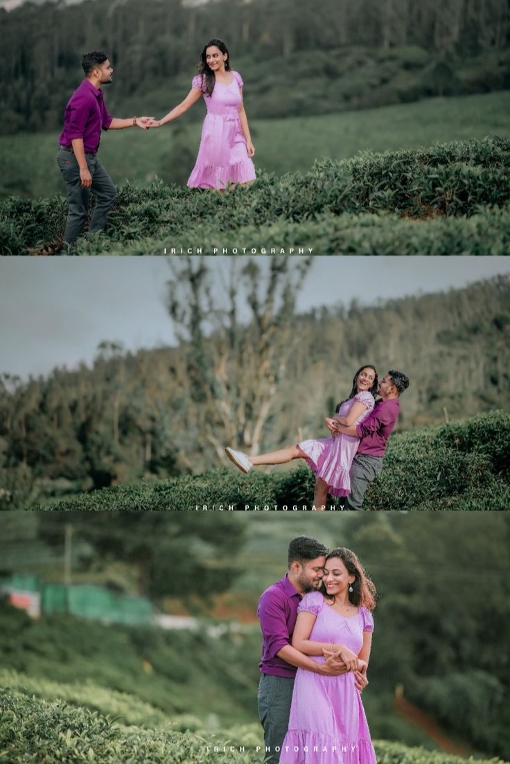 two people holding each other while standing on top of a lush green hillside with trees in the background