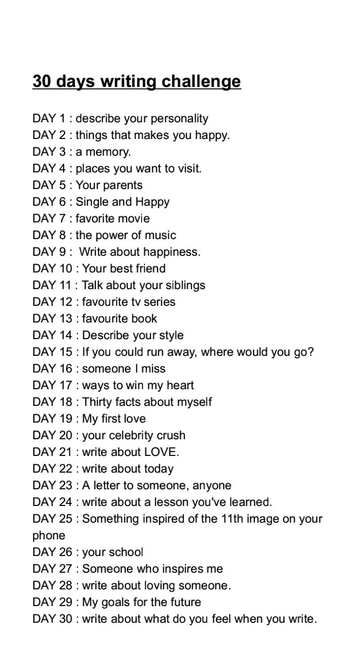 the 30 days writing challenge is shown in black and white, with words above it