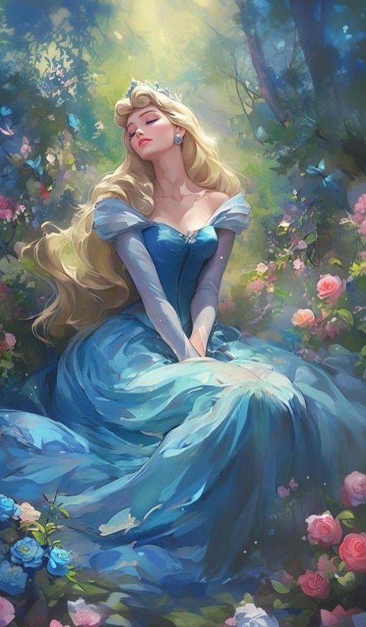 a painting of a woman in blue dress sitting on the ground with roses around her