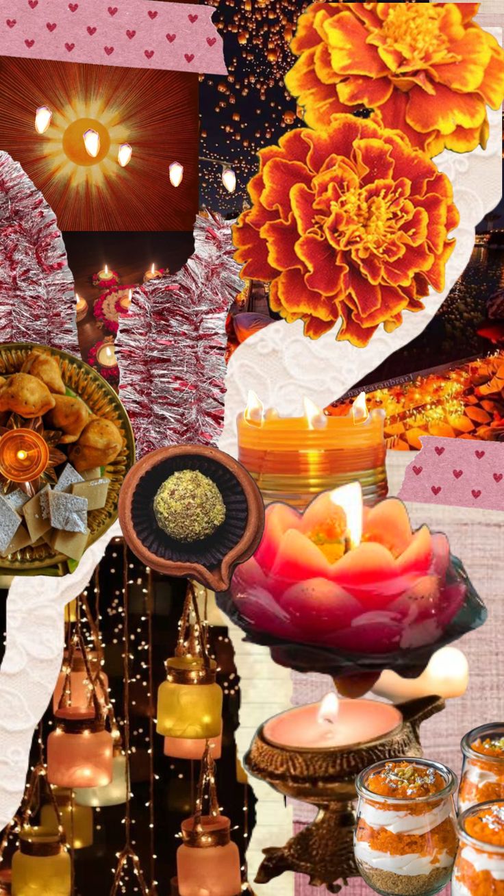 a collage of images with candles, flowers and other things in the background that says happy diwali