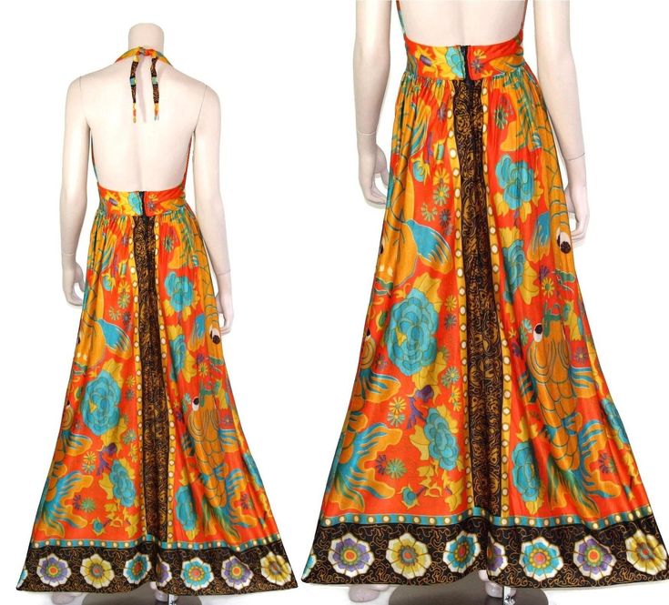 "This 60s or 70-era novelty dress features a stunning orange & black koi print fabric, adjustable halter bodice, fitted waist, and maxi length skirt. The koi fish depicted on this incredible dress are symbols of luck, wealth, and prosperity in many Eastern Asian cultures. Dress has a lined bodice and zips up the back. Best fits size xs or small (please check measurements below). Accessories not included. Payment plans available. Approximate Flat Measurements: Multiply times 2 for bust, waist Fitted Orange Maxi Dress For Beachwear, Orange Floral Print Beachwear Maxi Dress, Orange Floral Print Maxi Dress For Beach, Retro Maxi Dress For Summer Beach, Orange Printed Maxi Dress For Beach Season, Orange Halter Neck Maxi Dress For Beach Season, Orange Retro Maxi Dress For Summer, Retro Orange Maxi Dress For Summer, Orange Retro Summer Maxi Dress