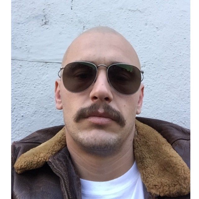 James Franco - Shaved head, mustache Bald With Mustache, Styles For Bald Men, Mustache Template, Bald Style, The Sound And The Fury, Thick Mustaches, Oz The Great And Powerful, Growing Facial Hair, Cool Mustaches