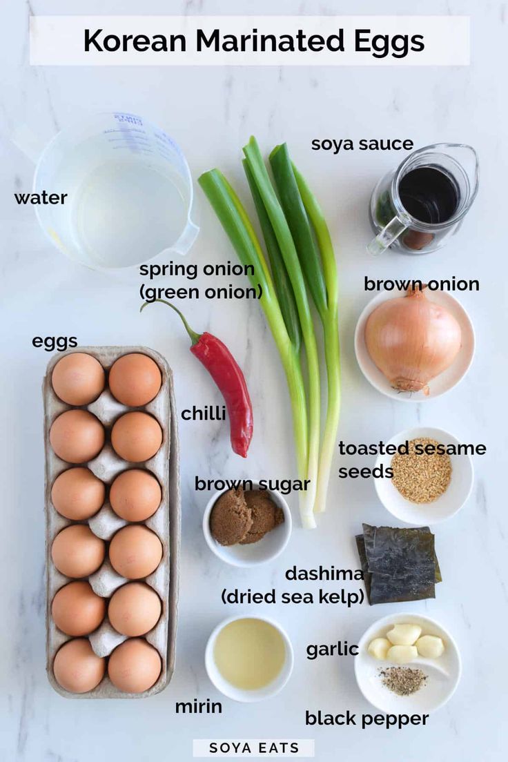 ingredients to make korean marinated eggs laid out on a white counter top with text overlay