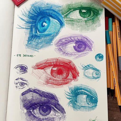 an open notebook with colored pencils and drawings of different types of eyes on it