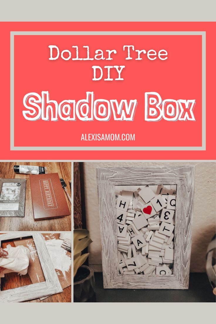 the dollar tree diy shadow box is shown with photos and letters on it, along with