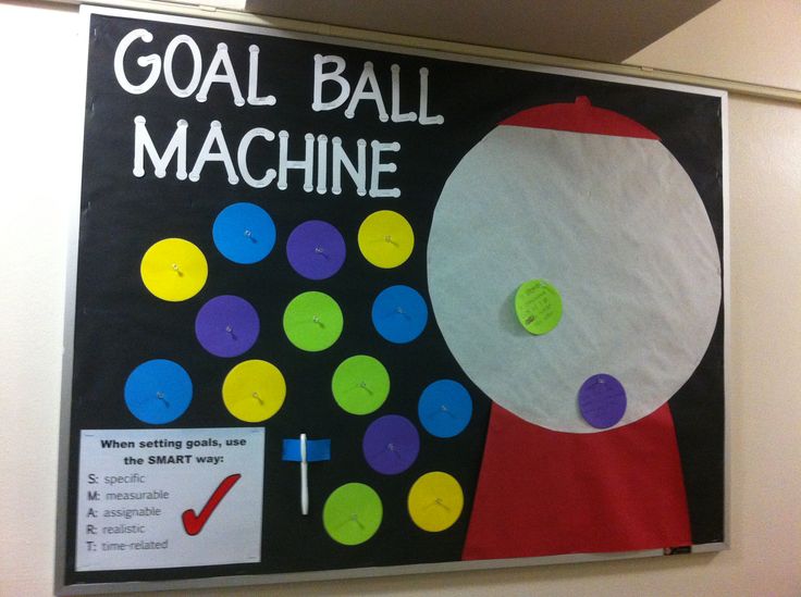 a bulletin board with buttons on it that says goal ball machine and an image of a rocket ship