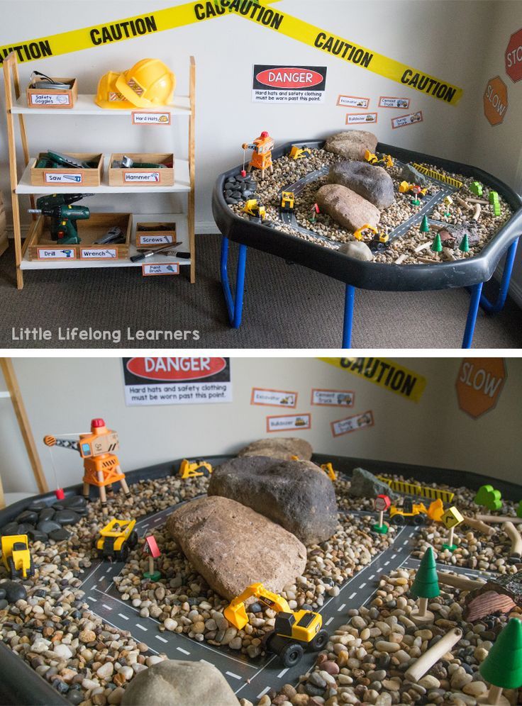 there are two pictures of a play area with rocks and construction vehicles