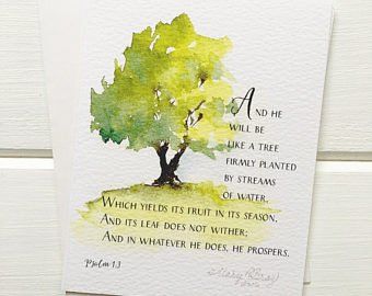 two cards with watercolor trees on them and the words, which are written in different languages