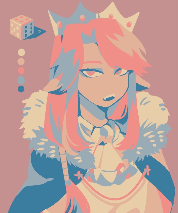 a woman with pink hair wearing a tiara and holding a dice in her hand