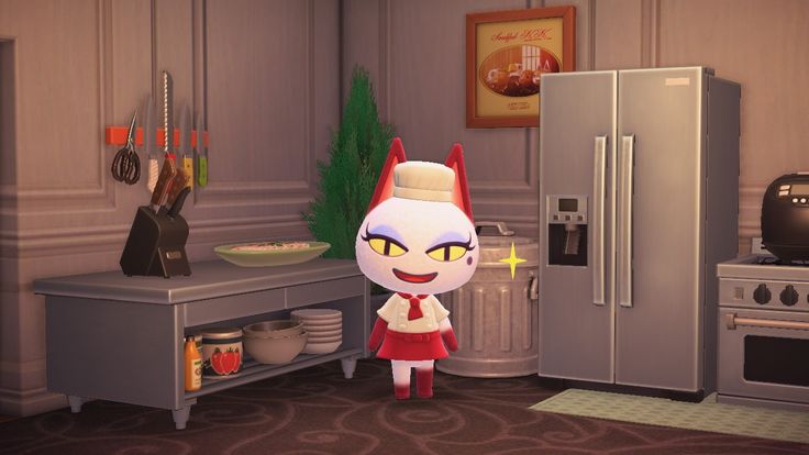 an animal crossing character standing in front of a kitchen with refrigerator and stove top oven