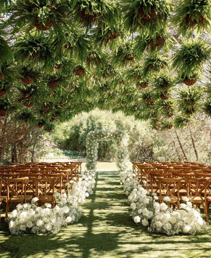 an outdoor ceremony with rows of chairs and white flowers on the grass, surrounded by trees