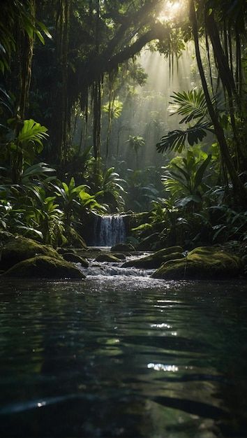 the sun shines through the trees and leaves over a stream in the jungle with mossy rocks