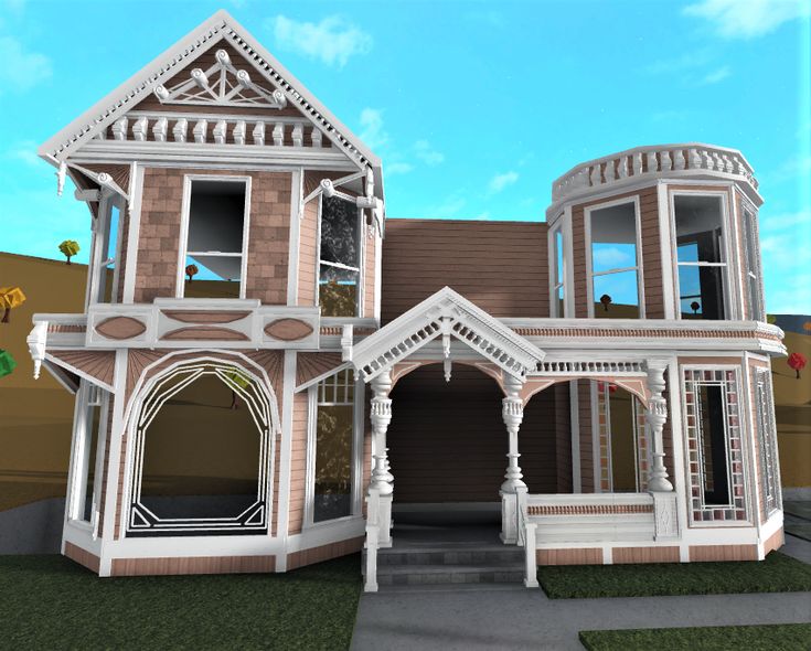 a 3d rendering of a victorian house with porches and balconies